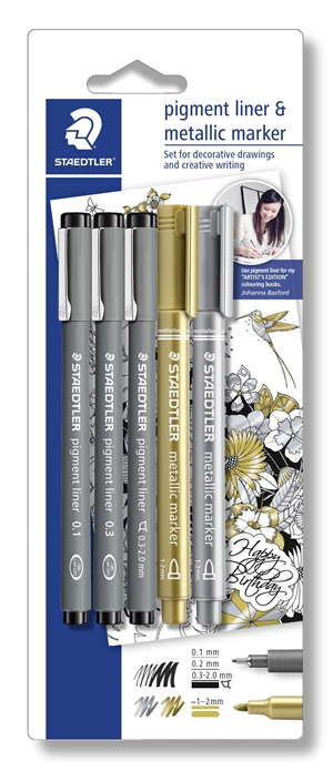 Staedtler Fineliner Pigment Liner Musta + Hopea ja kulta (3 + 2)